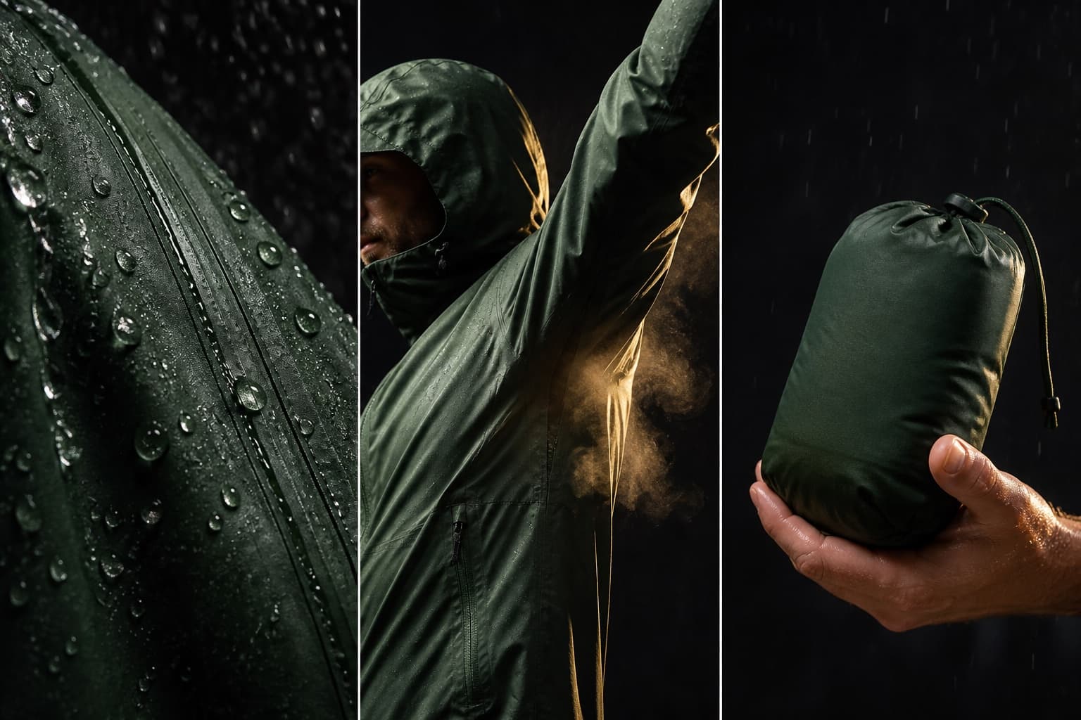 概念圖以三個畫面呈現大雨防水 透氣活動與輕量收納