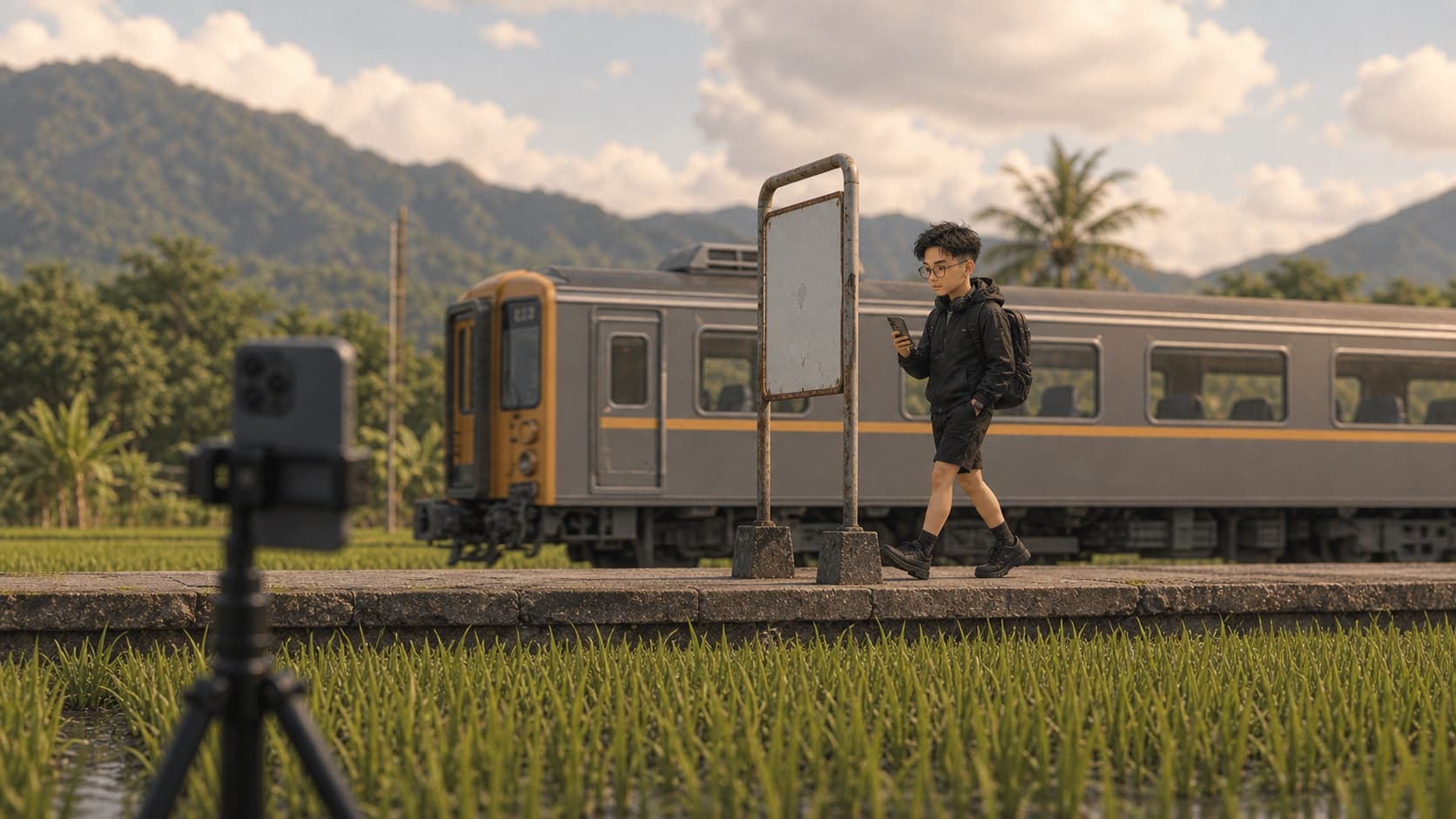 可愛版 Oscar 走進臺東火車、田野與月台組成的長焦畫面
